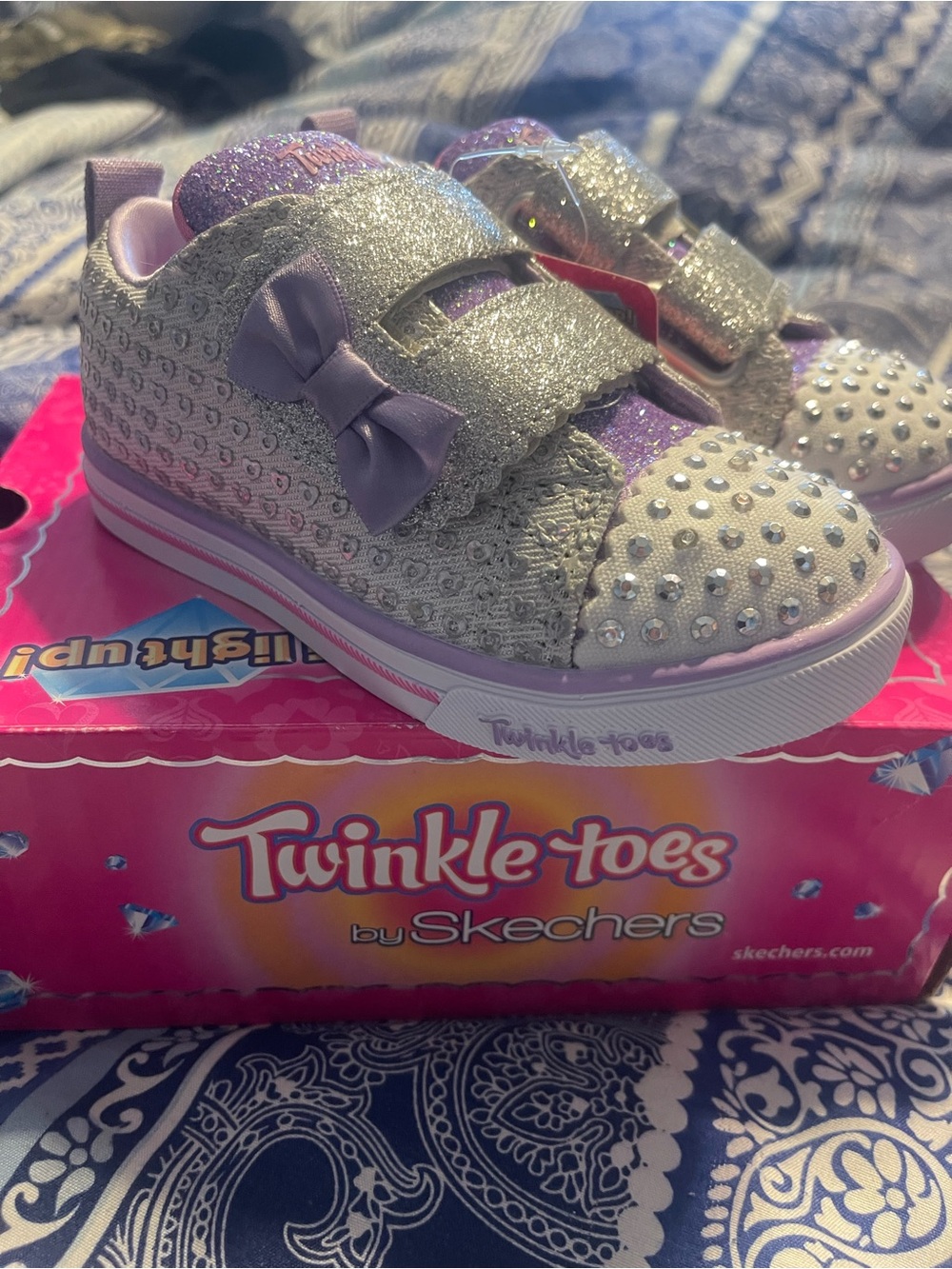 Skechers Twinkle Toes Girls' Glitter Bow Sneakers - Silver & Purple